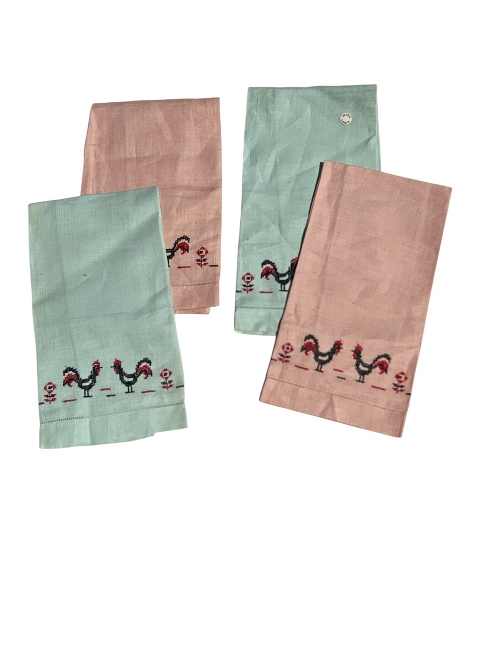 Vintage Lot 4 Irish Linen Hand Guest Towel Embroidered Roosters Green Pink